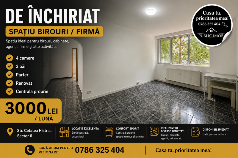 Cetatea Histria, spatiu birouri, firma, 4 camere, 2 bai, parter.